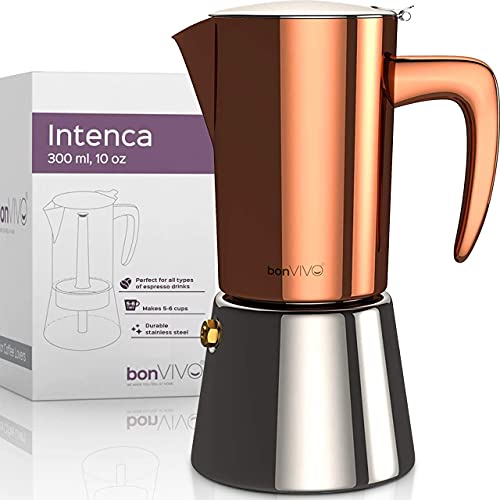 bonVIVO Intenca Cafetière italienne de luxe en acier inoxydable pour 5 à 6 tasses à moka Finition cuivre Chromé